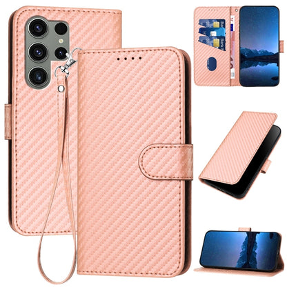 Samsung Galaxy S23 Ultra 5G Carbon Fiber Buckle Leather Phone Case with Lanyard, PU Leather TPU Wallet Cover with Card Slot, Cash Compartment, Stand Function & Scratch Protection
