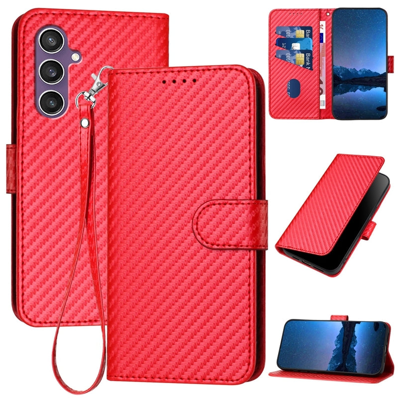Samsung Galaxy S23 FE 5G Carbon Fiber Buckle Leather Phone Case with Lanyard, PU Leather TPU Wallet Cover with Card Slot, Cash Compartment, Stand Function & Scratch Protection
