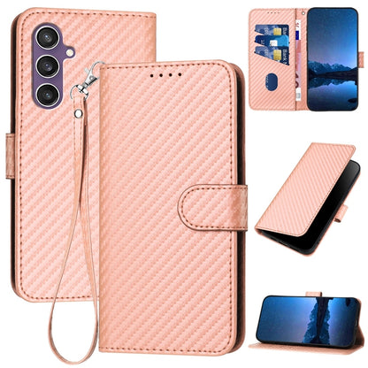 Samsung Galaxy S23 FE 5G Carbon Fiber Buckle Leather Phone Case with Lanyard, PU Leather TPU Wallet Cover with Card Slot, Cash Compartment, Stand Function & Scratch Protection
