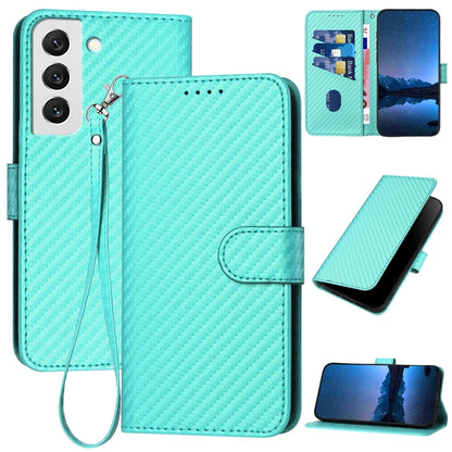 Samsung Galaxy S22 5G Carbon Fiber Buckle Leather Phone Case with Lanyard, PU Leather TPU Wallet Cover with Card Slot, Cash Compartment, Stand Function & Scratch Protection