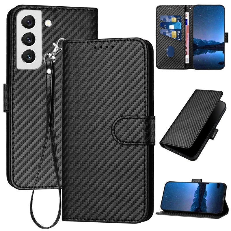 Samsung Galaxy S22 5G Carbon Fiber Buckle Leather Phone Case with Lanyard, PU Leather TPU Wallet Cover with Card Slot, Cash Compartment, Stand Function & Scratch Protection