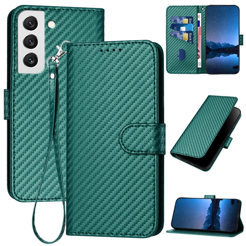 Samsung Galaxy S22 5G Carbon Fiber Buckle Leather Phone Case with Lanyard, PU Leather TPU Wallet Cover with Card Slot, Cash Compartment, Stand Function & Scratch Protection
