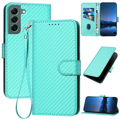 Samsung Galaxy S22+ 5G Carbon Fiber Buckle Leather Phone Case with Lanyard, PU Leather TPU Wallet Cover with Card Slot, Cash Compartment, Stand Function & Scratch Protection