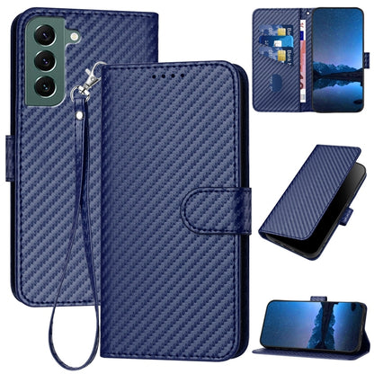 Samsung Galaxy S22+ 5G Carbon Fiber Buckle Leather Phone Case with Lanyard, PU Leather TPU Wallet Cover with Card Slot, Cash Compartment, Stand Function & Scratch Protection
