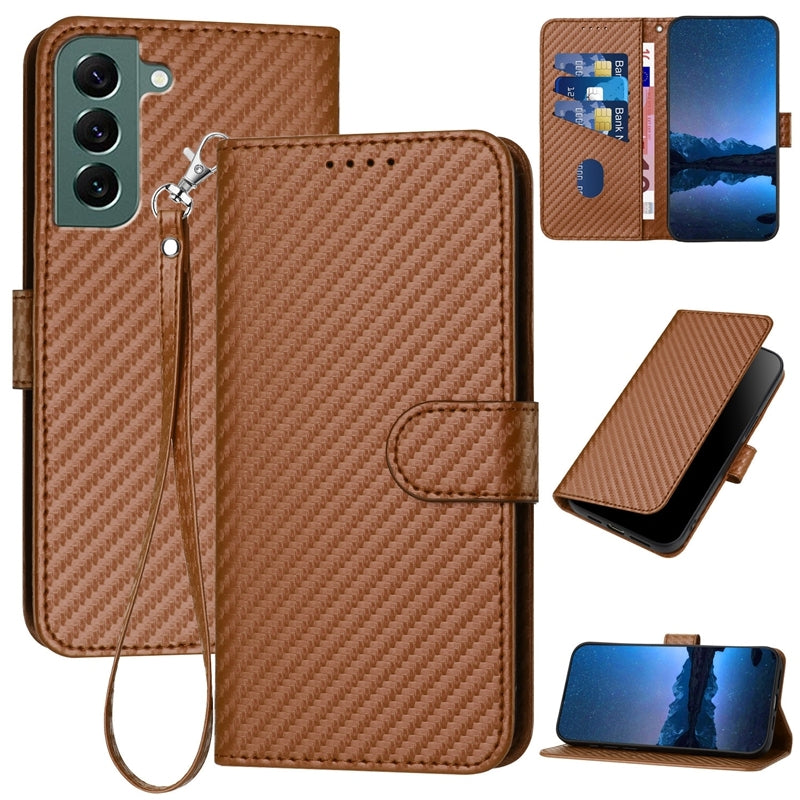 Samsung Galaxy S22+ 5G Carbon Fiber Buckle Leather Phone Case with Lanyard, PU Leather TPU Wallet Cover with Card Slot, Cash Compartment, Stand Function & Scratch Protection