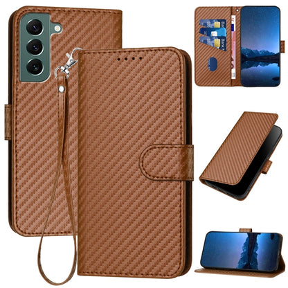 Samsung Galaxy S22+ 5G Carbon Fiber Buckle Leather Phone Case with Lanyard, PU Leather TPU Wallet Cover with Card Slot, Cash Compartment, Stand Function & Scratch Protection