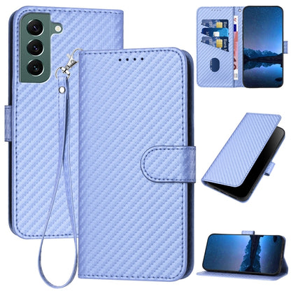 Samsung Galaxy S22+ 5G Carbon Fiber Buckle Leather Phone Case with Lanyard, PU Leather TPU Wallet Cover with Card Slot, Cash Compartment, Stand Function & Scratch Protection