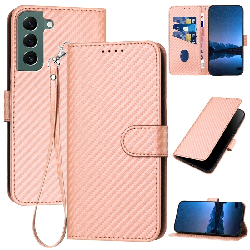 Samsung Galaxy S22+ 5G Carbon Fiber Buckle Leather Phone Case with Lanyard, PU Leather TPU Wallet Cover with Card Slot, Cash Compartment, Stand Function & Scratch Protection
