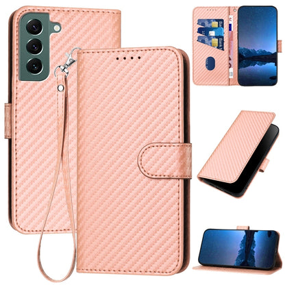 Samsung Galaxy S22+ 5G Carbon Fiber Buckle Leather Phone Case with Lanyard, PU Leather TPU Wallet Cover with Card Slot, Cash Compartment, Stand Function & Scratch Protection