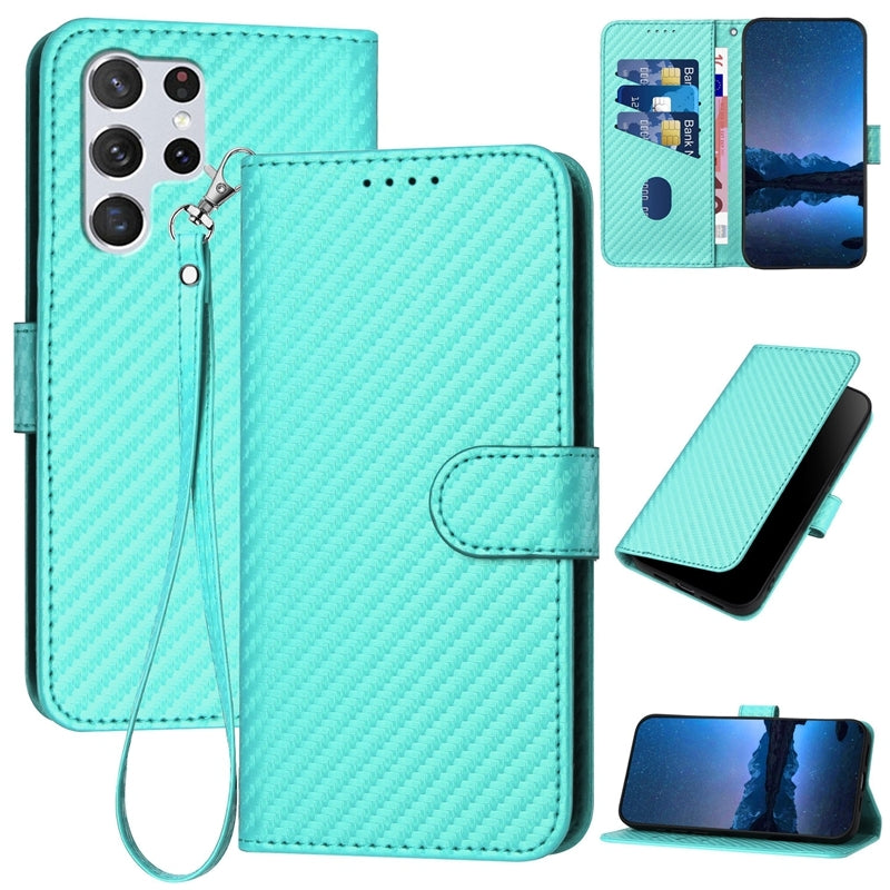 Samsung Galaxy S22 Ultra 5G Carbon Fiber Buckle Leather Phone Case with Lanyard, PU Leather TPU Wallet Cover with Card Slot, Cash Compartment, Stand Function & Scratch Protection