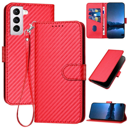 Samsung Galaxy S21 5G Carbon Fiber Buckle Leather Phone Case with Lanyard, PU Leather TPU Wallet Cover with Card Slot, Cash Compartment, Stand Function & Scratch Protection