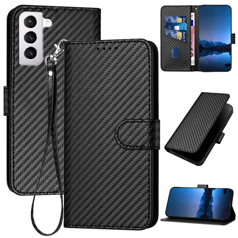 Samsung Galaxy S21 5G Carbon Fiber Buckle Leather Phone Case with Lanyard, PU Leather TPU Wallet Cover with Card Slot, Cash Compartment, Stand Function & Scratch Protection