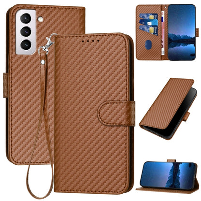 Samsung Galaxy S21+ 5G Carbon Fiber Buckle Leather Phone Case with Lanyard, PU Leather TPU Wallet Cover with Card Slot, Cash Compartment, Stand Function & Scratch Protection