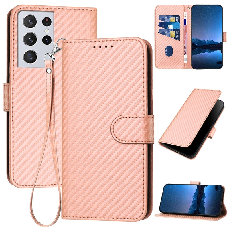 Samsung Galaxy S21 Ultra 5G Carbon Fiber Buckle Leather Phone Case with Lanyard, PU Leather TPU Wallet Cover with Card Slot, Cash Compartment, Stand Function & Scratch Protection