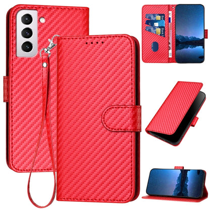 Samsung Galaxy S21 FE 5G Carbon Fiber Buckle Leather Phone Case with Lanyard, PU Leather TPU Wallet Cover with Card Slot, Cash Compartment, Stand Function & Scratch Protection