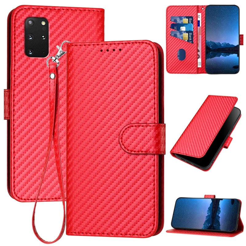 Samsung Galaxy S20+ Carbon Fiber Buckle Leather Phone Case with Lanyard, PU Leather TPU Wallet Cover with Card Slot, Cash Compartment, Stand Function & Scratch Protection