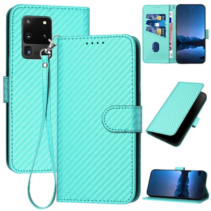 Samsung Galaxy S20 Ultra 5G Carbon Fiber Buckle Leather Phone Case with Lanyard, PU Leather TPU Wallet Cover with Card Slot, Cash Compartment, Stand Function & Scratch Protection