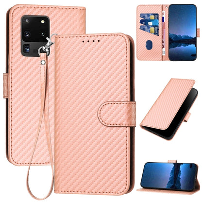 Samsung Galaxy S20 Ultra 5G Carbon Fiber Buckle Leather Phone Case with Lanyard, PU Leather TPU Wallet Cover with Card Slot, Cash Compartment, Stand Function & Scratch Protection