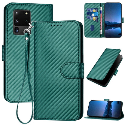 Samsung Galaxy S20 Ultra 5G Carbon Fiber Buckle Leather Phone Case with Lanyard, PU Leather TPU Wallet Cover with Card Slot, Cash Compartment, Stand Function & Scratch Protection