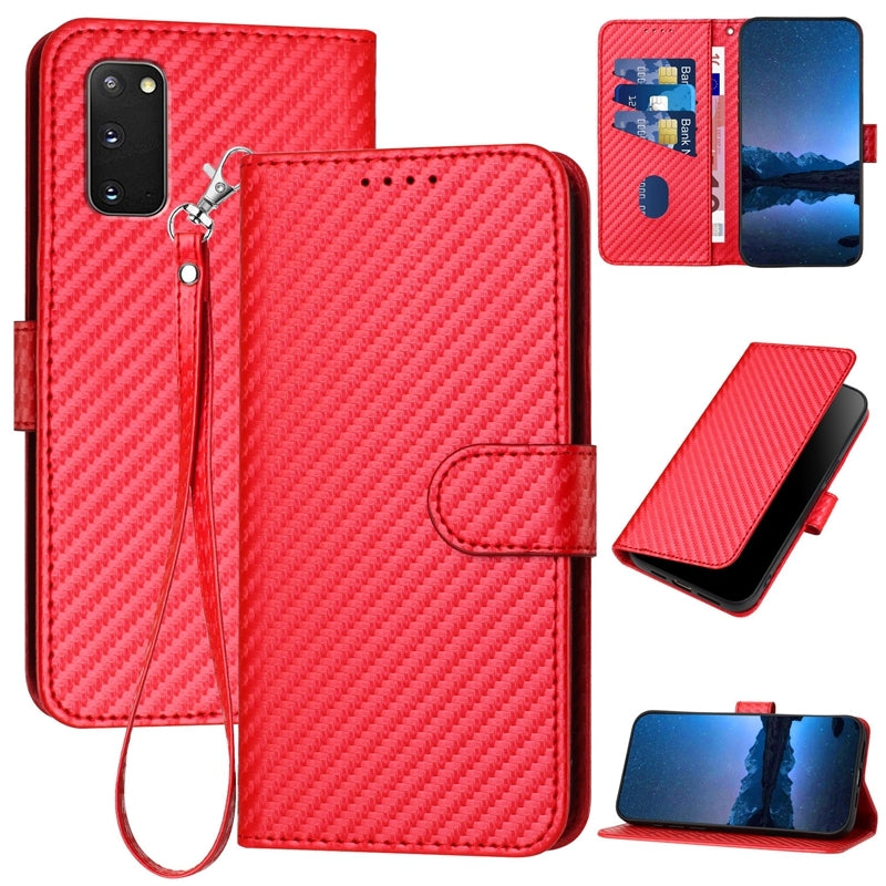 Samsung Galaxy S20 FE Carbon Fiber Buckle Leather Phone Case with Lanyard, PU Leather TPU Wallet Cover with Card Slot, Cash Compartment, Stand Function & Scratch Protection