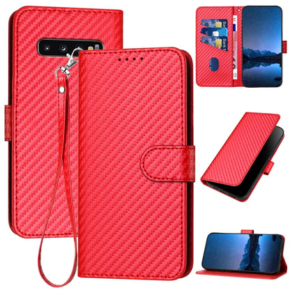 Samsung Galaxy S10 Carbon Fiber Buckle Leather Phone Case with Lanyard, PU Leather TPU Wallet Cover with Card Slot, Cash Compartment, Stand Function & Scratch Protection