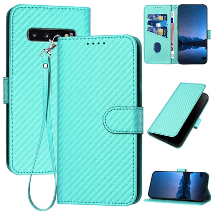 Samsung Galaxy S10 Carbon Fiber Buckle Leather Phone Case with Lanyard, PU Leather TPU Wallet Cover with Card Slot, Cash Compartment, Stand Function & Scratch Protection