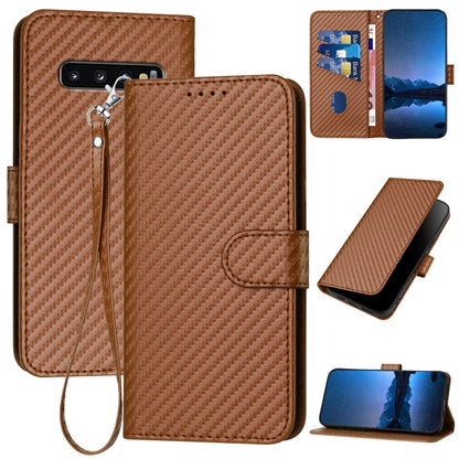 Samsung Galaxy S10 Carbon Fiber Buckle Leather Phone Case with Lanyard, PU Leather TPU Wallet Cover with Card Slot, Cash Compartment, Stand Function & Scratch Protection