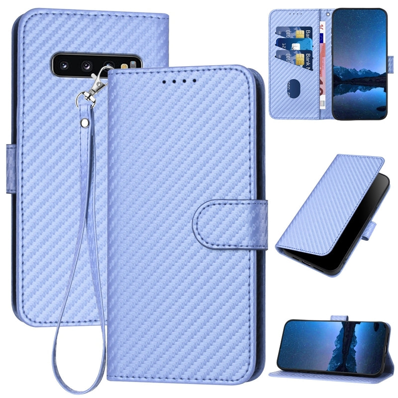 Samsung Galaxy S10 Carbon Fiber Buckle Leather Phone Case with Lanyard, PU Leather TPU Wallet Cover with Card Slot, Cash Compartment, Stand Function & Scratch Protection