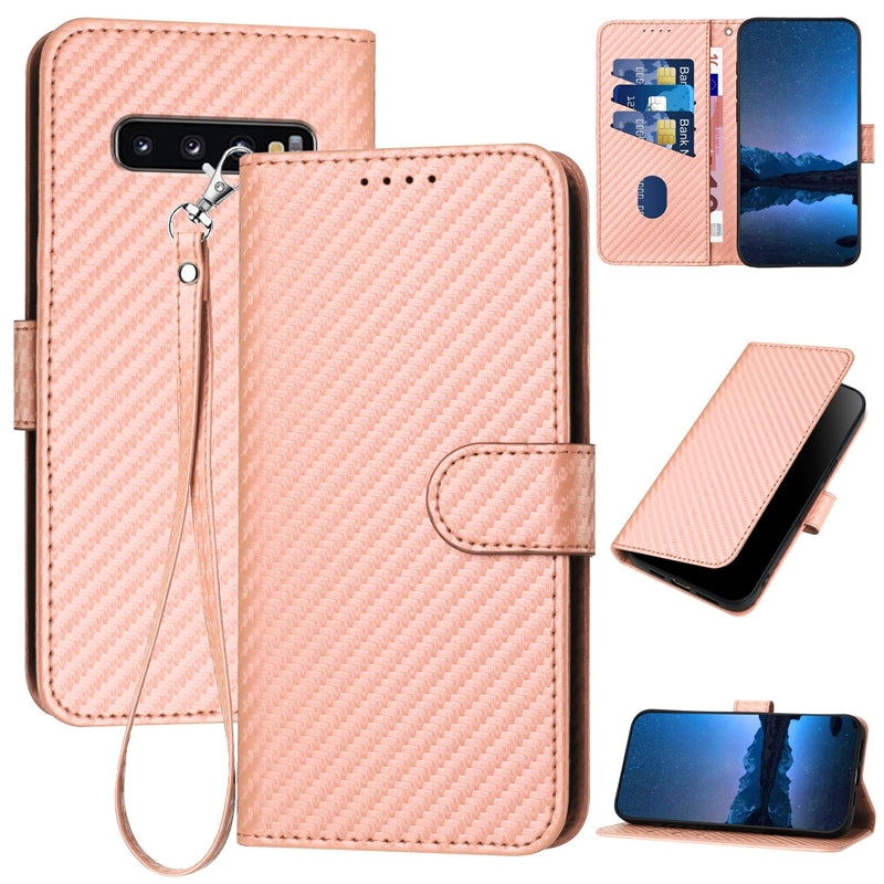 Samsung Galaxy S10 Carbon Fiber Buckle Leather Phone Case with Lanyard, PU Leather TPU Wallet Cover with Card Slot, Cash Compartment, Stand Function & Scratch Protection