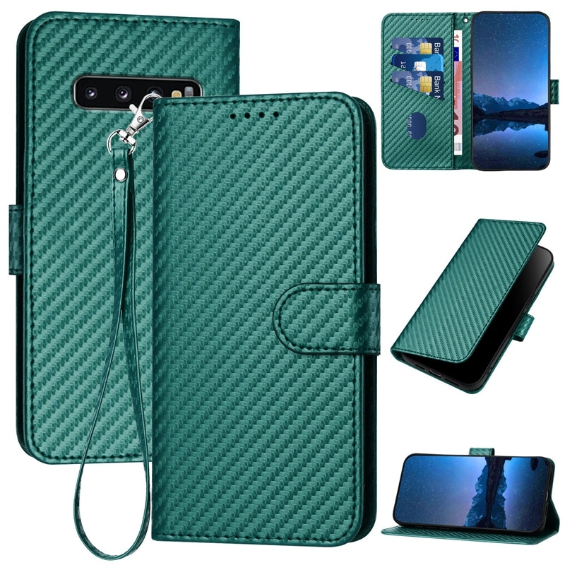 Samsung Galaxy S10 Carbon Fiber Buckle Leather Phone Case with Lanyard, PU Leather TPU Wallet Cover with Card Slot, Cash Compartment, Stand Function & Scratch Protection