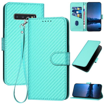 Samsung Galaxy S10+ Carbon Fiber Buckle Leather Phone Case with Lanyard, PU Leather TPU Wallet Cover with Card Slot, Cash Compartment, Stand Function & Scratch Protection