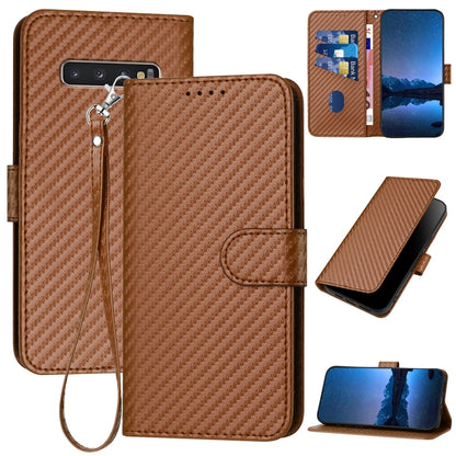 Samsung Galaxy S10+ Carbon Fiber Buckle Leather Phone Case with Lanyard, PU Leather TPU Wallet Cover with Card Slot, Cash Compartment, Stand Function & Scratch Protection