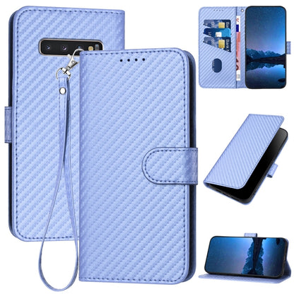 Samsung Galaxy S10+ Carbon Fiber Buckle Leather Phone Case with Lanyard, PU Leather TPU Wallet Cover with Card Slot, Cash Compartment, Stand Function & Scratch Protection