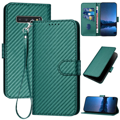 Samsung Galaxy S10+ Carbon Fiber Buckle Leather Phone Case with Lanyard, PU Leather TPU Wallet Cover with Card Slot, Cash Compartment, Stand Function & Scratch Protection