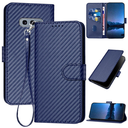 Samsung Galaxy S10e Carbon Fiber Buckle Leather Phone Case with Lanyard, PU Leather TPU Wallet Cover with Card Slot, Cash Compartment, Stand Function & Scratch Protection