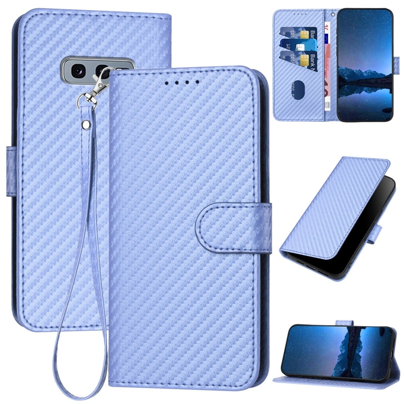 Samsung Galaxy S10e Carbon Fiber Buckle Leather Phone Case with Lanyard, PU Leather TPU Wallet Cover with Card Slot, Cash Compartment, Stand Function & Scratch Protection