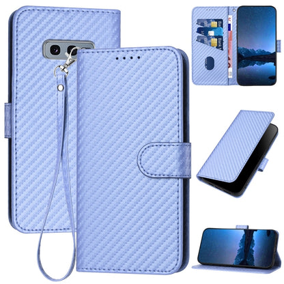 Samsung Galaxy S10e Carbon Fiber Buckle Leather Phone Case with Lanyard, PU Leather TPU Wallet Cover with Card Slot, Cash Compartment, Stand Function & Scratch Protection