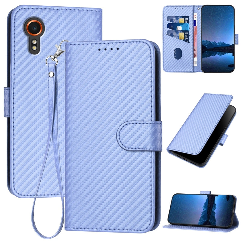 Samsung Galaxy Xcover7 Carbon Fiber Buckle Leather Phone Case with Lanyard, PU Leather TPU Wallet Cover with Card Slot, Cash Compartment, Stand Function & Scratch Protection