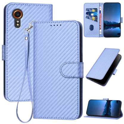 Samsung Galaxy Xcover7 Carbon Fiber Buckle Leather Phone Case with Lanyard, PU Leather TPU Wallet Cover with Card Slot, Cash Compartment, Stand Function & Scratch Protection