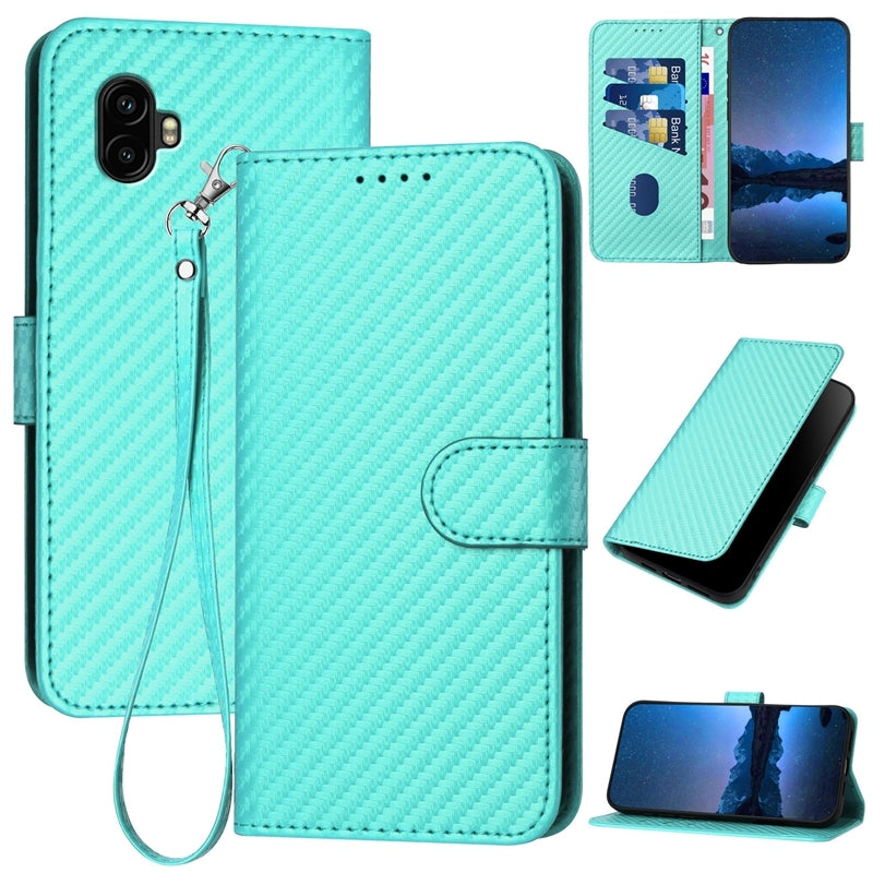 Samsung Galaxy Xcover6 Pro Carbon Fiber Buckle Leather Phone Case with Lanyard, PU Leather TPU Wallet Cover with Card Slot, Cash Compartment, Stand Function & Scratch Protection
