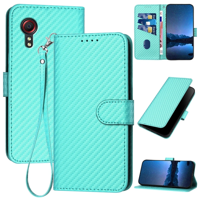 Samsung Galaxy Xcover 5 Carbon Fiber Buckle Leather Phone Case with Lanyard, PU Leather TPU Wallet Cover with Card Slot, Cash Compartment, Stand Function & Scratch Protection