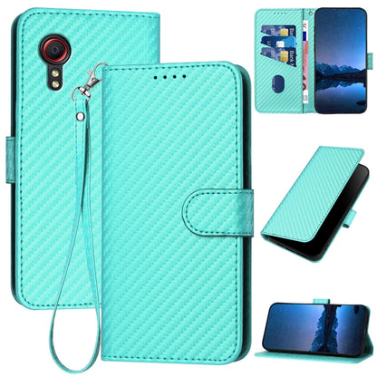 Samsung Galaxy Xcover 5 Carbon Fiber Buckle Leather Phone Case with Lanyard, PU Leather TPU Wallet Cover with Card Slot, Cash Compartment, Stand Function & Scratch Protection