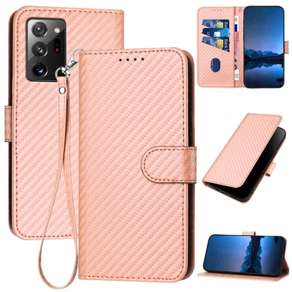 Samsung Galaxy Note20 Ultra Carbon Fiber Buckle Leather Phone Case with Lanyard, PU Leather TPU Wallet Cover with Card Slot, Cash Compartment, Stand Function & Scratch Protection