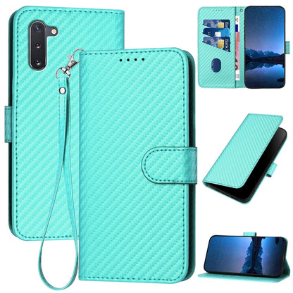Samsung Galaxy Note10 4G Carbon Fiber Buckle Leather Phone Case with Lanyard, PU Leather TPU Wallet Cover with Card Slot, Cash Compartment, Stand Function & Scratch Protection
