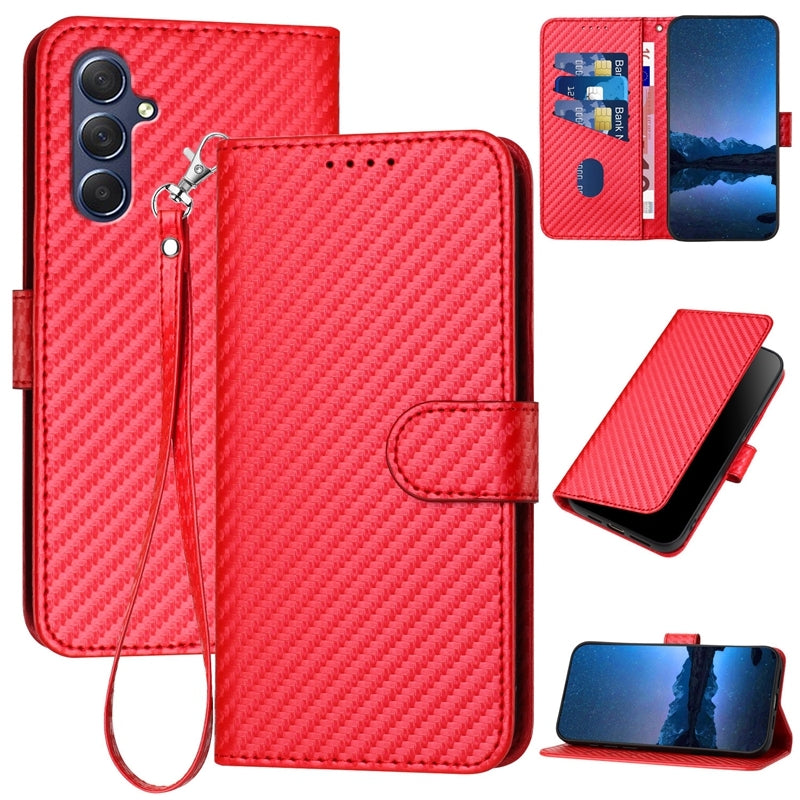 Samsung Galaxy M54 Carbon Fiber Buckle Leather Phone Case with Lanyard, PU Leather TPU Wallet Cover with Card Slot, Cash Compartment, Stand Function & Scratch Protection