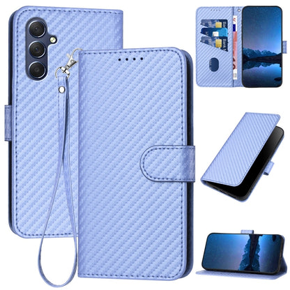 Samsung Galaxy M54 Carbon Fiber Buckle Leather Phone Case with Lanyard, PU Leather TPU Wallet Cover with Card Slot, Cash Compartment, Stand Function & Scratch Protection