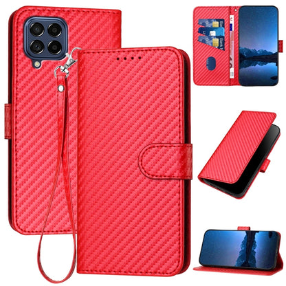 Samsung Galaxy M53 5G Carbon Fiber Buckle Leather Phone Case with Lanyard, PU Leather TPU Wallet Cover with Card Slot, Cash Compartment, Stand Function & Scratch Protection