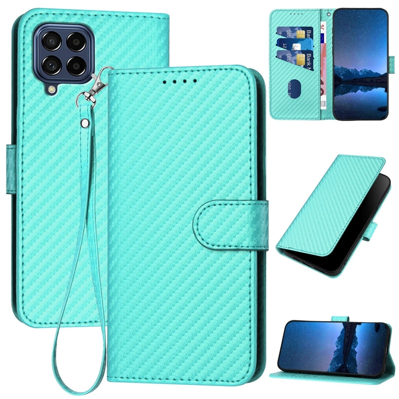 Samsung Galaxy M53 5G Carbon Fiber Buckle Leather Phone Case with Lanyard, PU Leather TPU Wallet Cover with Card Slot, Cash Compartment, Stand Function & Scratch Protection