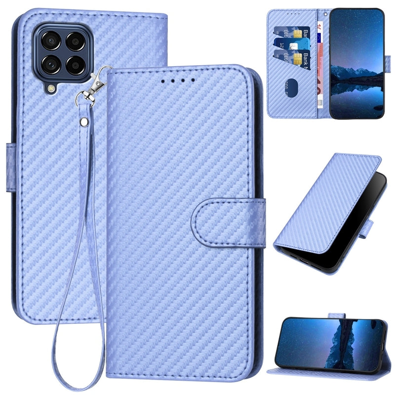 Samsung Galaxy M53 5G Carbon Fiber Buckle Leather Phone Case with Lanyard, PU Leather TPU Wallet Cover with Card Slot, Cash Compartment, Stand Function & Scratch Protection