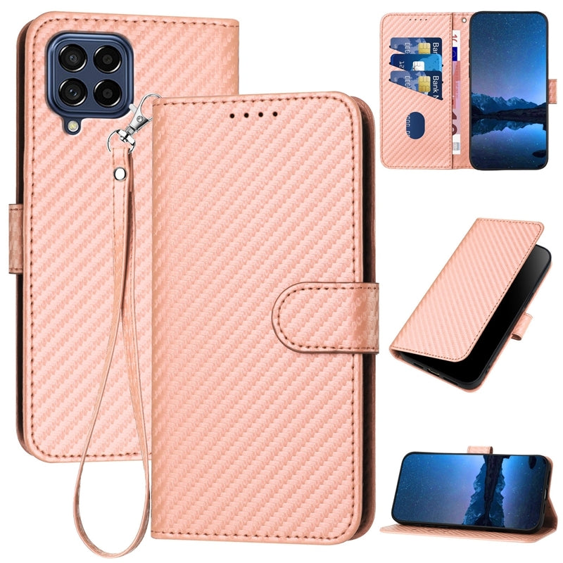Samsung Galaxy M53 5G Carbon Fiber Buckle Leather Phone Case with Lanyard, PU Leather TPU Wallet Cover with Card Slot, Cash Compartment, Stand Function & Scratch Protection